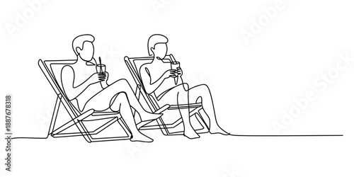 Continuous line art drawing of a couple relaxing in beach chairs and enjoying drinks
