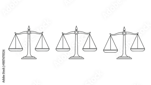 Three different outlines of legal scales of justice representing law equality and the judicial system in a simple style.