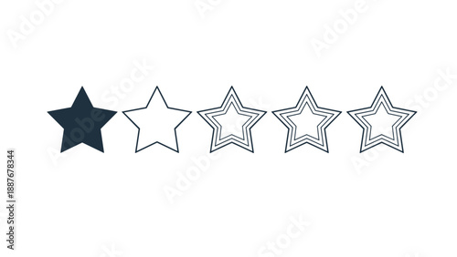 Five star rating system with only one star filled in black to represent a low quality review or poor customer satisfaction score.