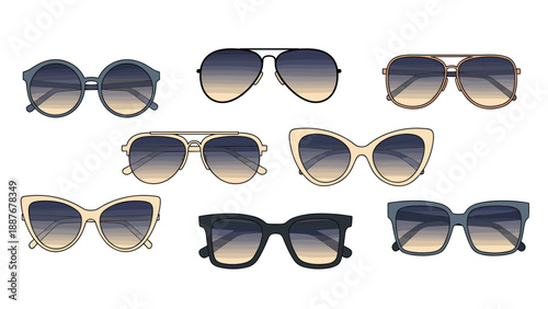 Diverse collection of sunglasses in various frame shapes and colors arranged in rows showing different eyewear styles for fashion.
