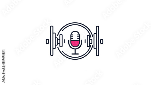 Stylized microphone icon merged with dumbbell weight shapes in a circle for a fitness or sports podcast and audio broadcast theme.