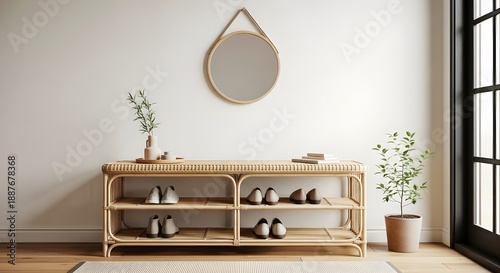 Minimalist entryway with shoe rack and mirror