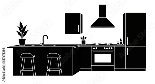 Modern Kitchen Silhouette With Island And Appliances.