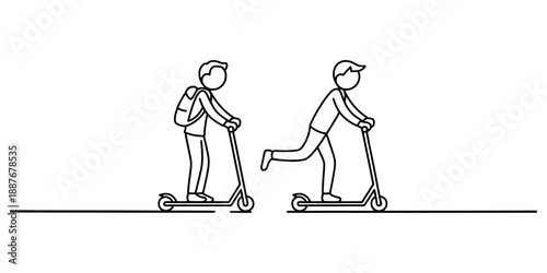 Minimalist continuous line art drawing depicting two people riding kick scooters side by side