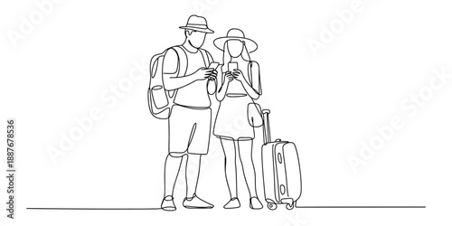 Continuous line drawing of a traveling couple checking their phones for directions