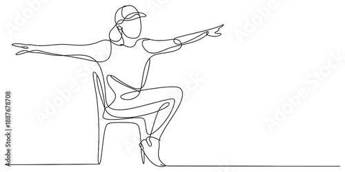 Continuous line art of a person sitting on a chair with arms spread wide in a stretching pose