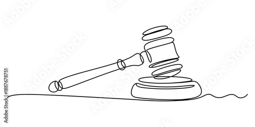 Continuous one line art drawing of a gavel and sound block icon
