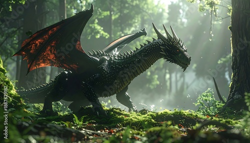 A majestic scaled creature with fire-tinged wings strides through a lush, sun-dappled forest setting