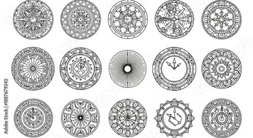Decorative clock face icon set in thin line art style. Ornamental circular designs with a vintage and modern mix. Elegant outline vector symbols for luxury branding and classic decor projects