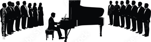 Black silhouette of a male pianist playing grand piano accompanied by a formal choir group, classical music concert performance on white background