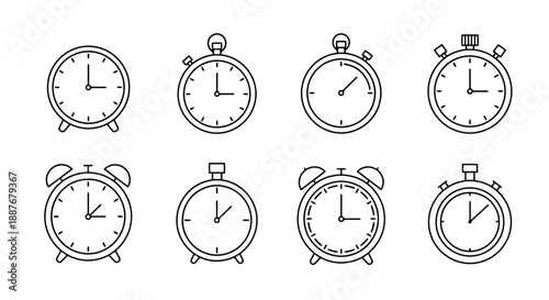 Minimalist clock and time icon set featuring clean outline designs. Professional vector symbols for scheduling, productivity apps, and web design. Consistent line art style on white