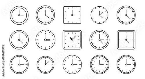 Minimalist clock face icons featuring different hand positions. Professional black line art vector set for scheduling, apps, and time-related concepts. Editable stroke and clean design