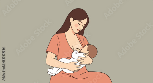 Mother Breastfeeding Baby, Illustration Depicting Nursery Scene