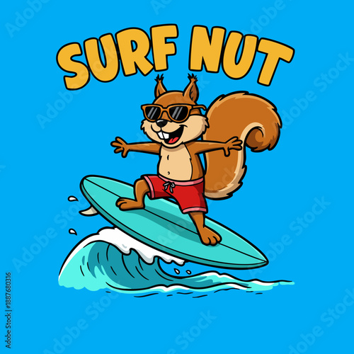Fényképezés Fun Cartoon Squirrel Surfing On Wave Illustration For Summer Holiday