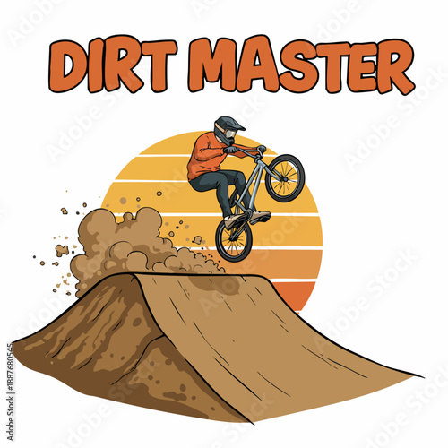 Graphic Style Dirt Master Stunt Bike Rider with Sunset Illustration