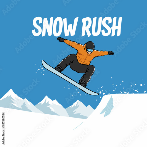 Dynamic Cartoon Snowboarder Jumping High Over Winter Mountain Landscape Illustration