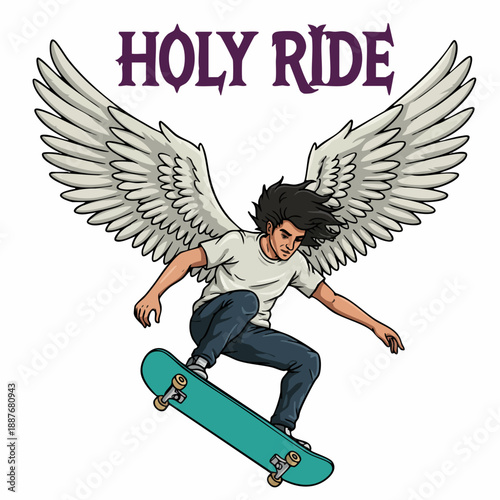 Cartoon Style Character Skateboarder with Wings Illustration for Apparel Design