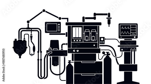 Medical Anesthesia Machine Equipment Silhouette Illustration.