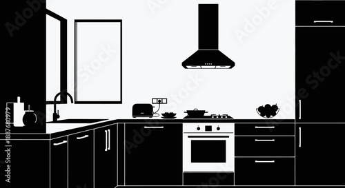 Modern Kitchen Interior Design Black And White Illustration.