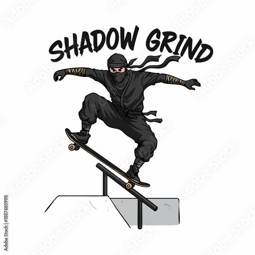 Detailed Handdrawn Style Ninja Skateboarding Grind on Rail Sport Illustration