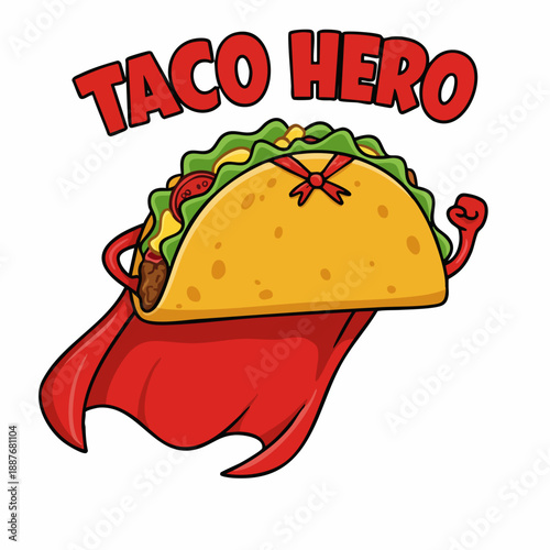 Playful Handdrawn Taco Hero Character with Cape and Text Illustration