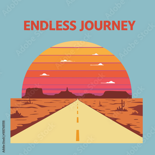 Retro Style Desert Road Trip Landscape with Sunset Illustration