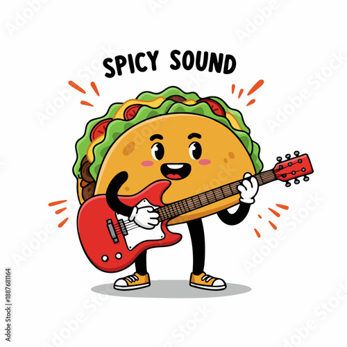Cartoon Handdrawn Funny Taco Playing Guitar Food Character Illustration