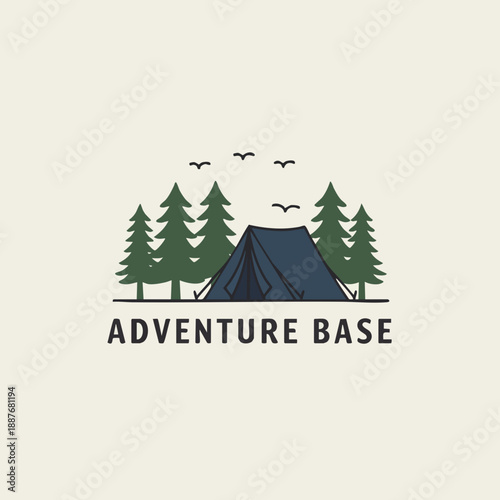 Retro Handdrawn Tent Tree Adventure Base Camp Nature Illustration