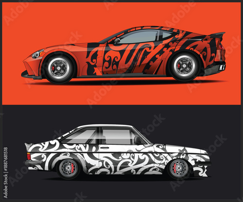 Stylized sports car with intricate tribal design graphics