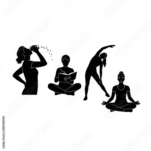 Silhouettes of women practicing yoga and meditation in various poses.