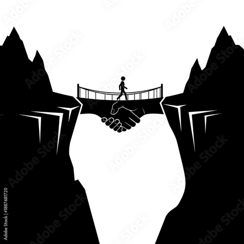 Man crossing bridge with handshake connection between cliffs.