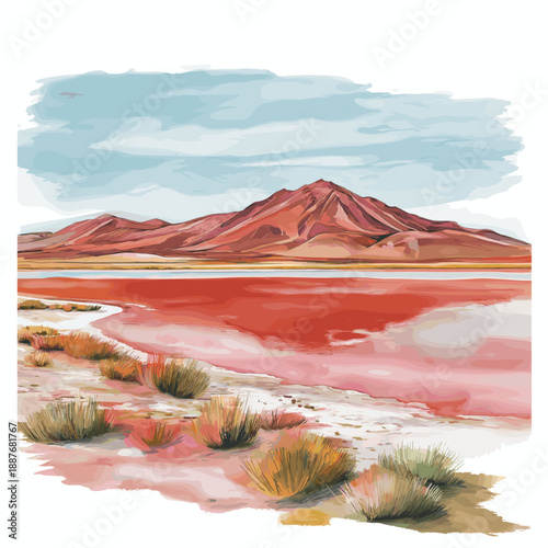 Laguna Colorada - Red Lagoon. Laguna Colorada - Red Lagoon hand drawn watercolor illustration
