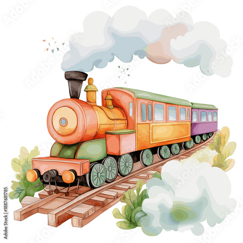 Train to the Clouds. Train to the Clouds hand drawn watercolor illustration