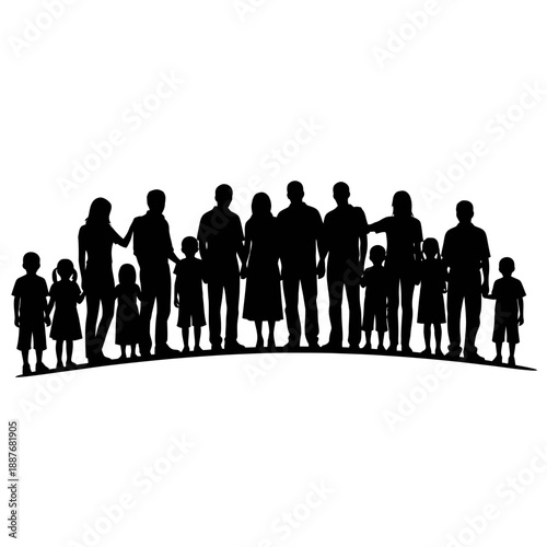 Diverse group of people standing together in silhouette.
