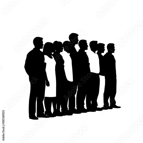 Silhouettes of diverse group of people standing together in a line.