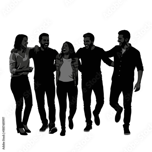 Group of young adults walking together in silhouette.
