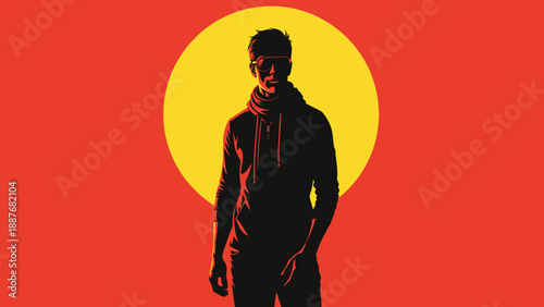 Silhouette of a young man standing against a bright yellow sun.