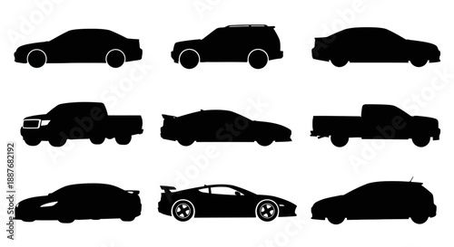 Collection of Silhouetted Automotive Vehicles on White Background.