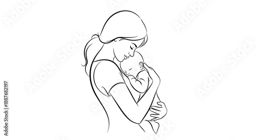 Mother holding her baby with love and tenderness sketch.