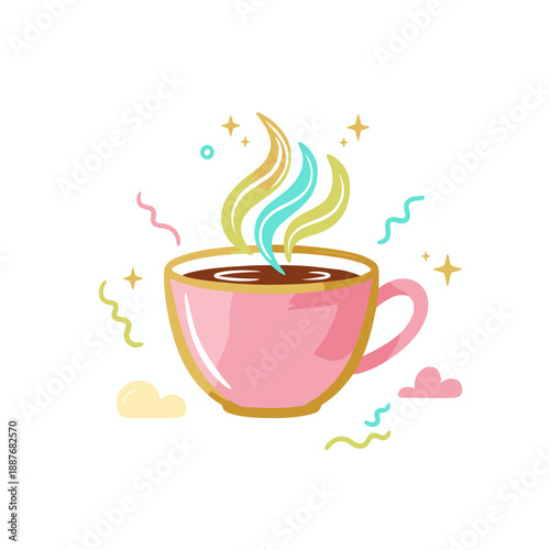 Colorful coffee cup with steam and decorative elements  