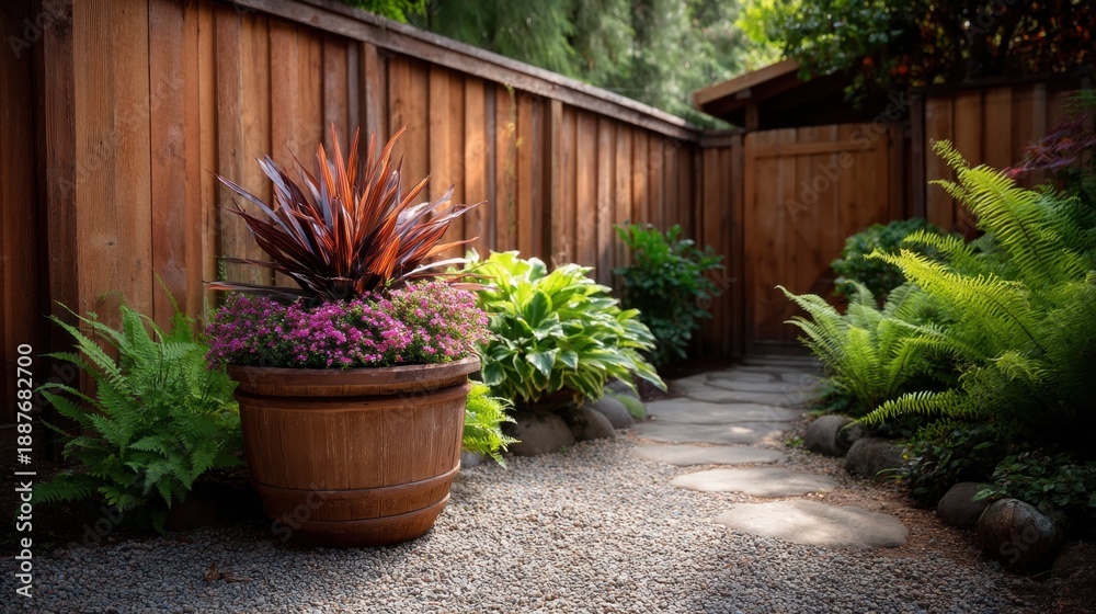 Fototapeta premium Lush Garden Pathway with Potted Plants and Wooden Fence, Inviting Outdoor Space Design for Relaxation and Serenity in Nature