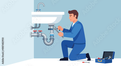 Plumber Fixing a Sink, Repairing Water Pipes with Tools