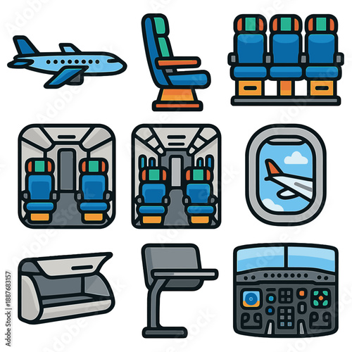Colorful airplane icons set featuring seats, windows, and cockpit elements