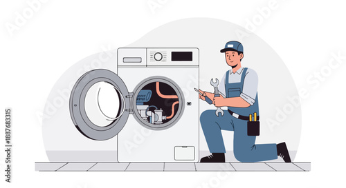 Plumber Repairing Washing Machine Appliance with Tools