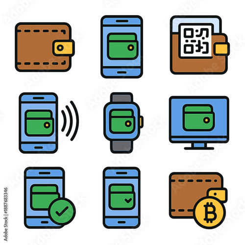 Digital wallet icons for mobile, watch, and desktop payment solutions
