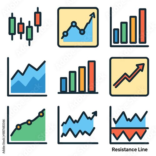 Colorful financial charts and graphs set for data analysis and insights