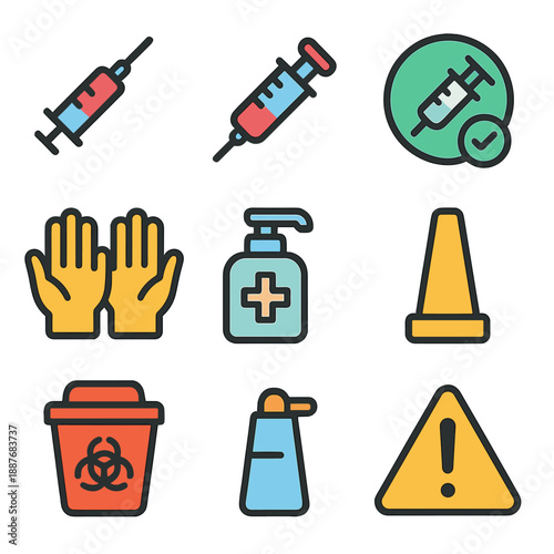 Medical safety icons: syringe, gloves, sanitizer, warning signs, biohazard