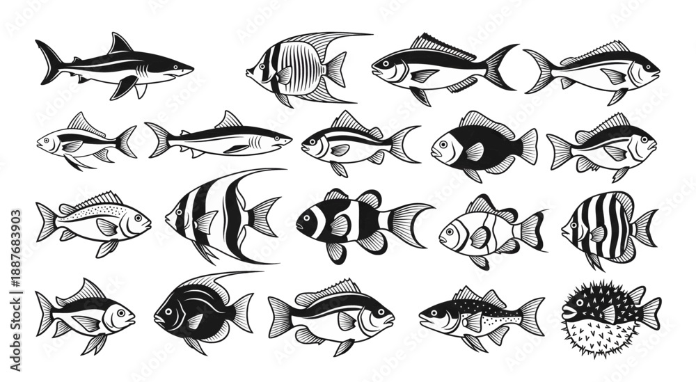 Obraz premium Various Black and White Fish Illustrations.