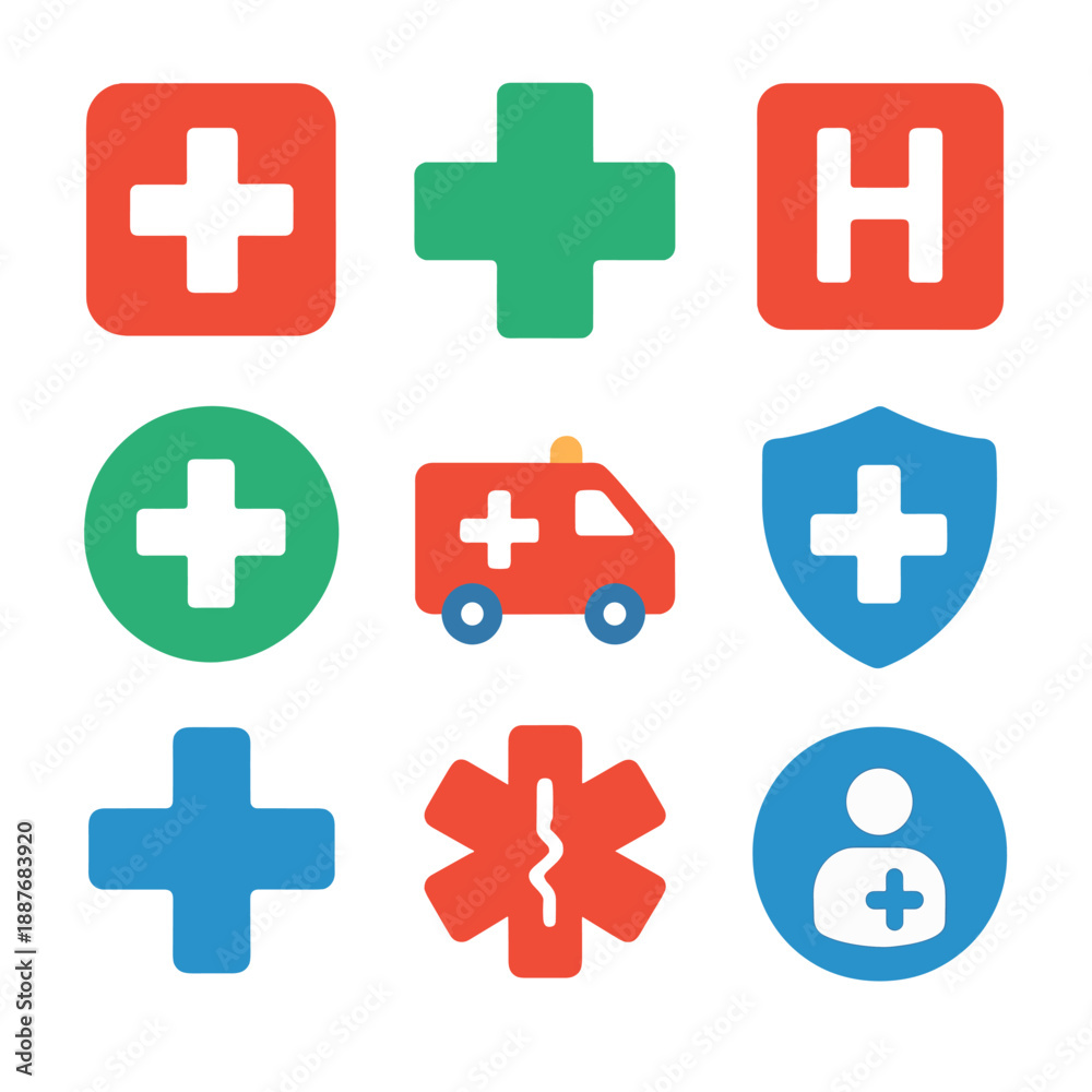 Fototapeta premium Medical icons set with ambulance and cross symbols on gradient background