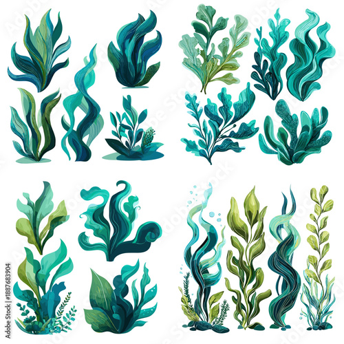 Watercolor seaweed and underwater plants collection in green and teal tones. Hand painted marine botanical set isolated on white background, ideal for ocean design and decor.